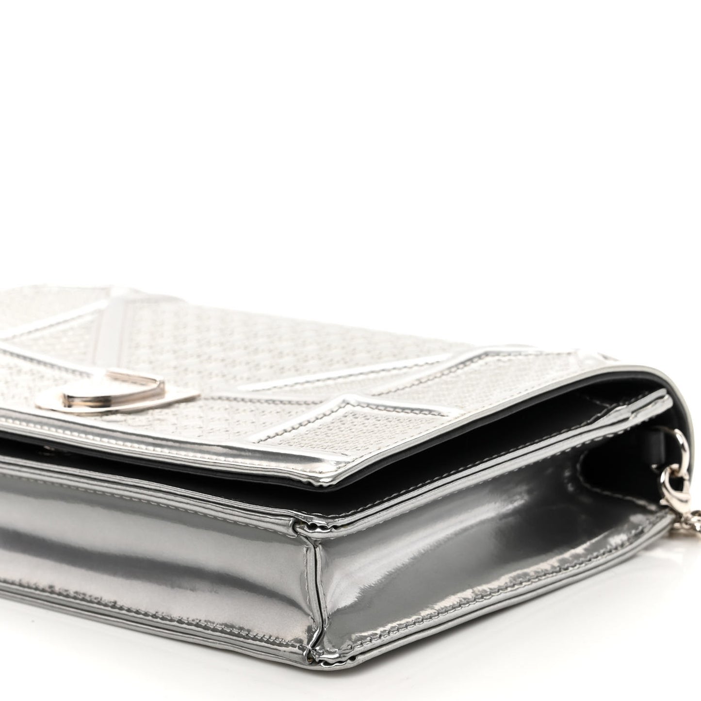 Metallic Patent Micro-Cannage Diorama Wallet on Chain Pouch Silver