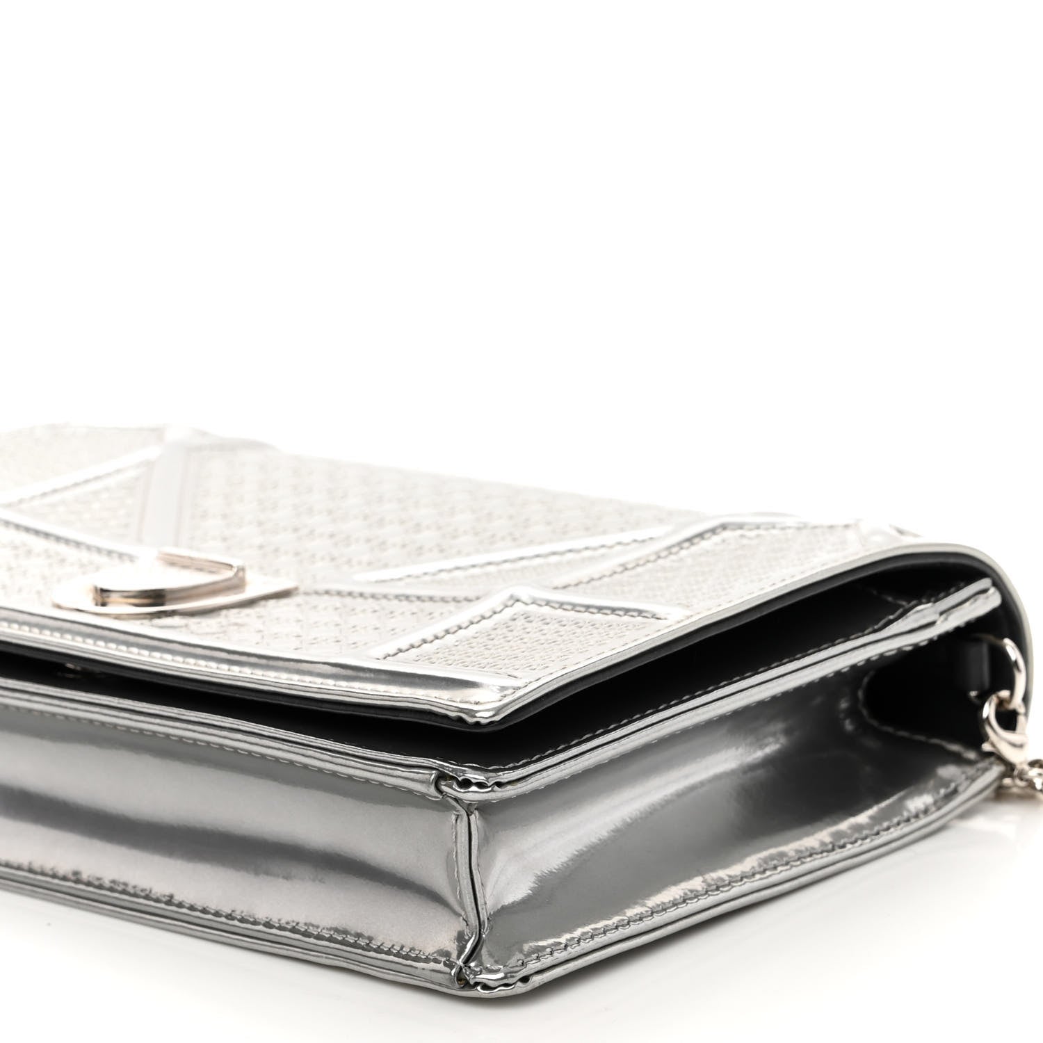 Christian Dior Metallic Patent Micro-Cannage Diorama Wallet on Chain Pouch Silver 8 of 8