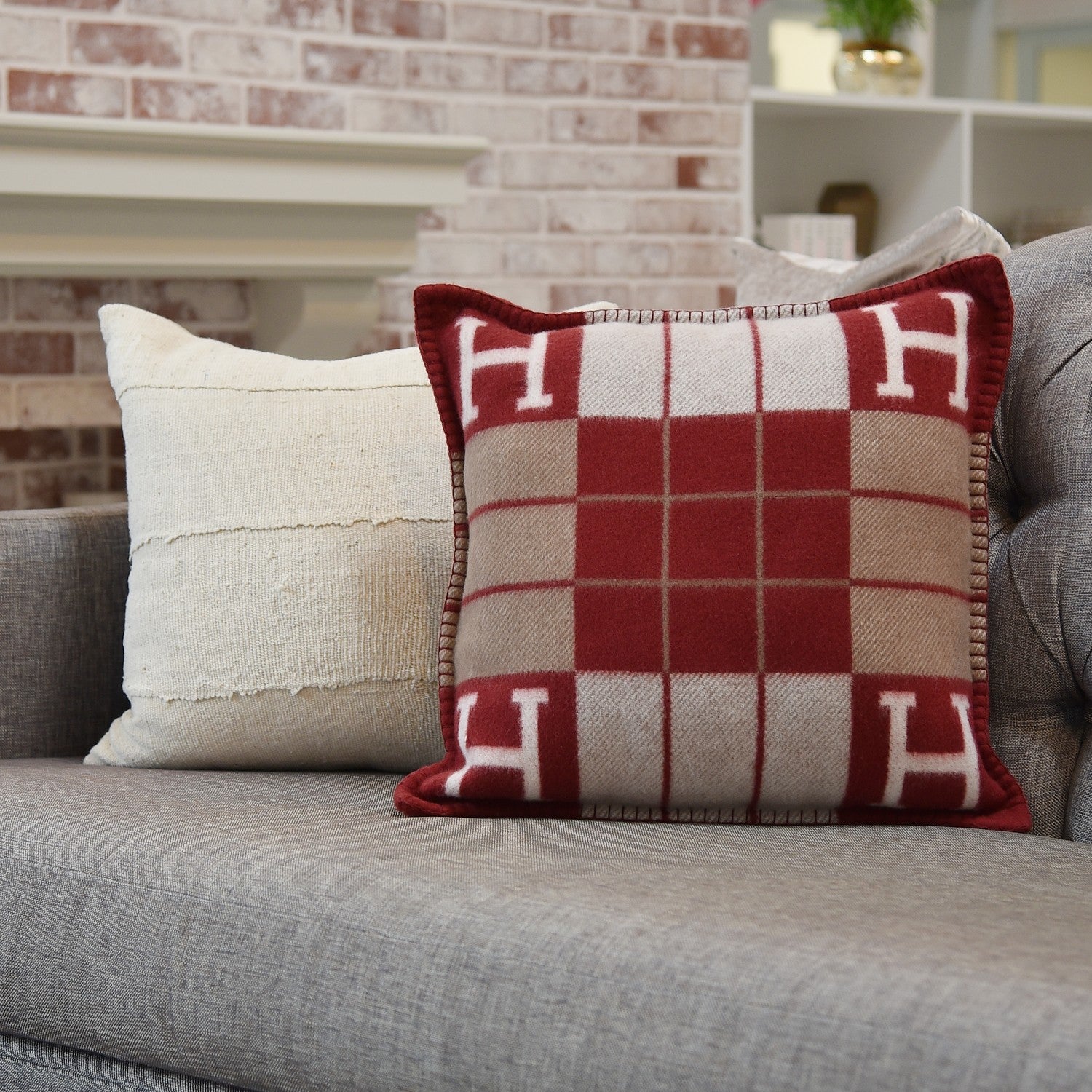 Hermes Wool Cashmere Avalon III Pillow PM Ecru Rouge 2 of 6