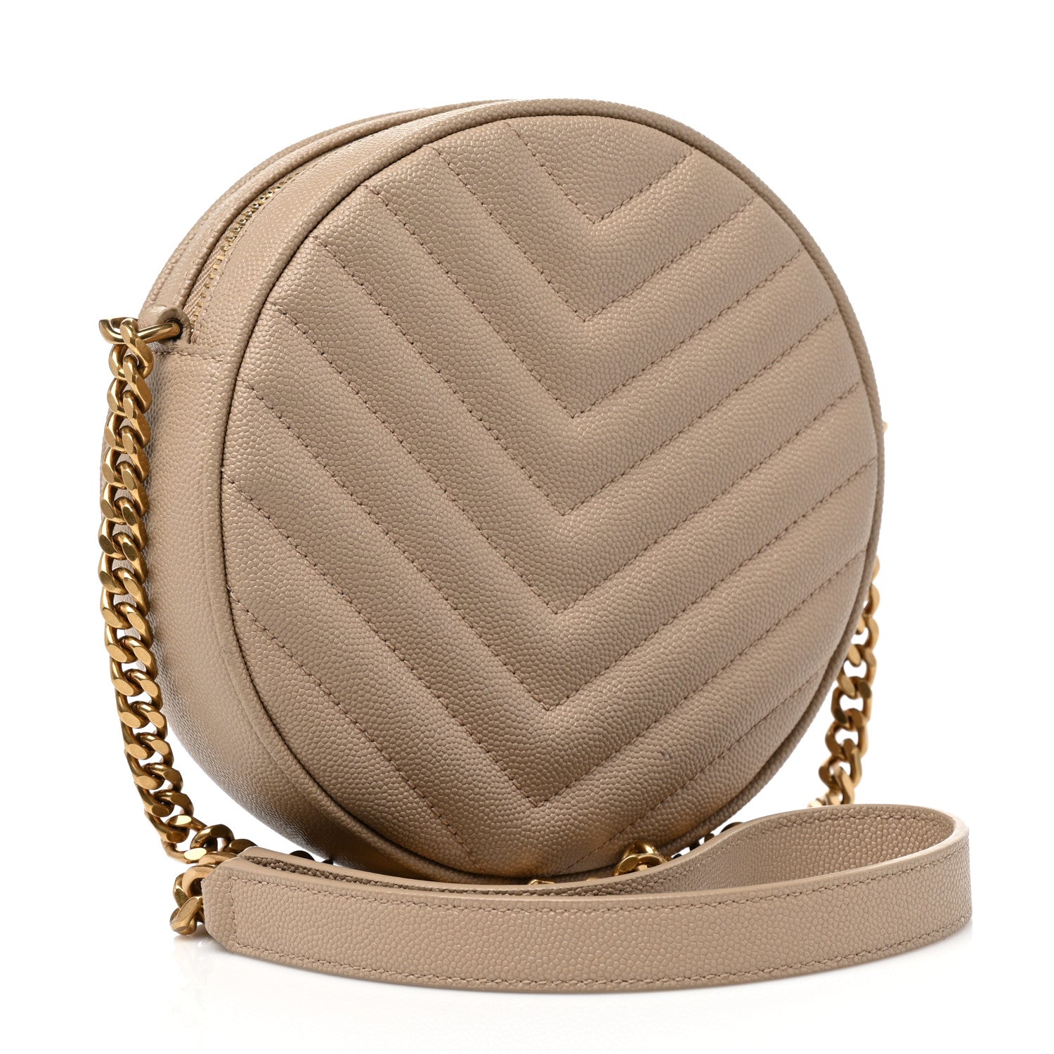 Saint Laurent Grain De Poudre Matelasse Chevron Quilted Round Vinyle Camera Bag Dark Beige 2 of 7
