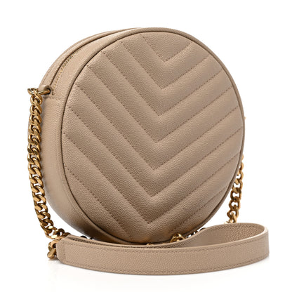 Saint Laurent Grain De Poudre Matelasse Chevron Quilted Round Vinyle Camera Bag Dark Beige 2 of 7