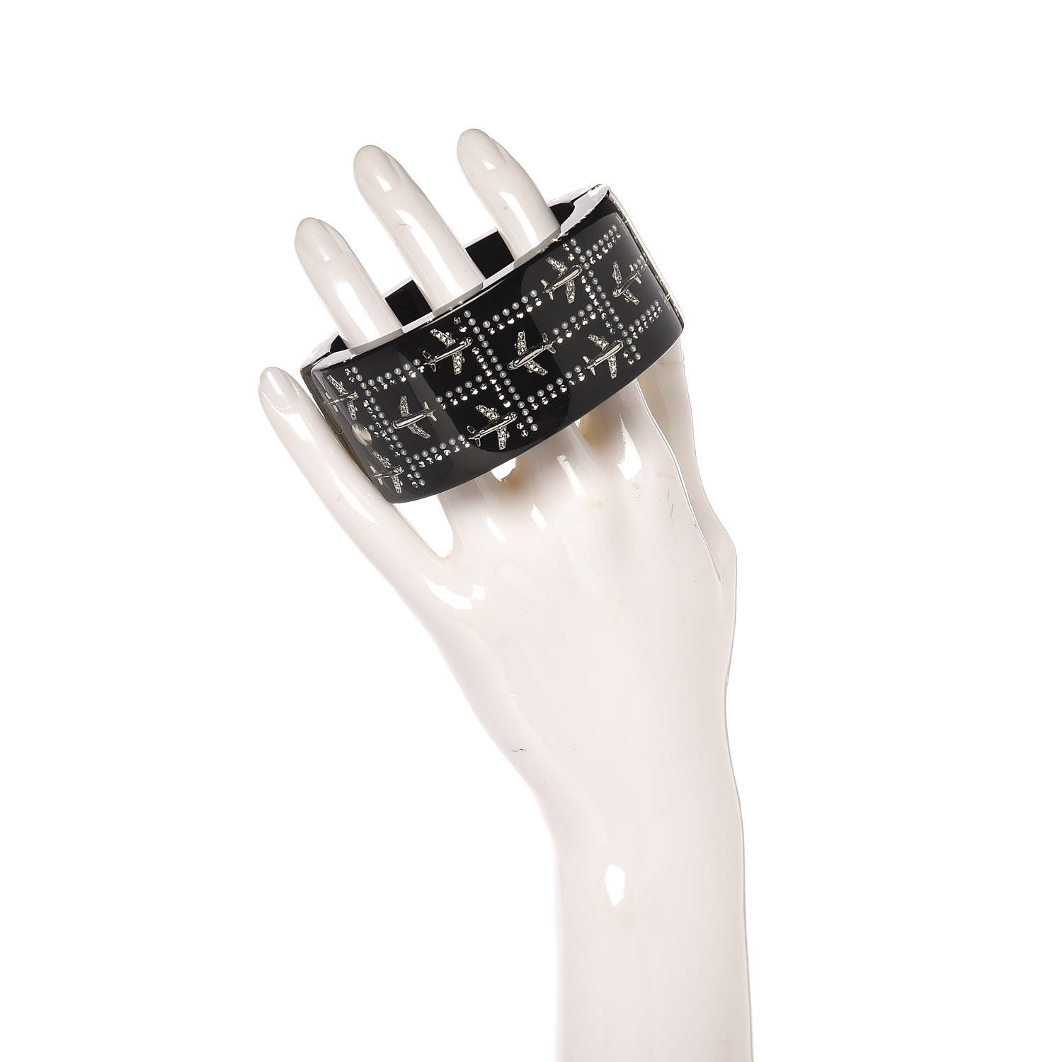 Chanel Resin Pearl Crystal Airplane Cuff Bangle Bracelet Black 2 of 5