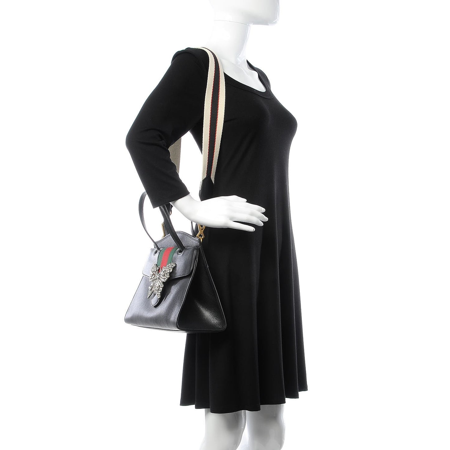 Grained Calfskin Web Crystal Butterfly Stripe Medium Totem Top Handle Bag Black