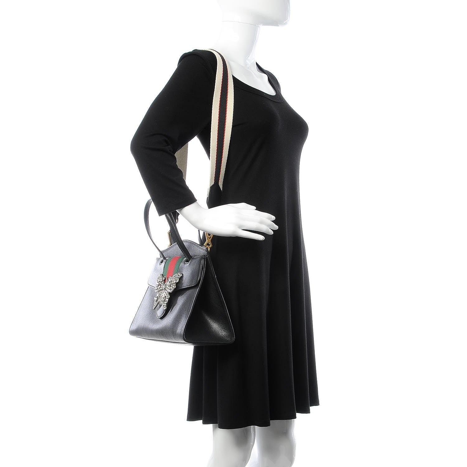 Gucci Grained Calfskin Web Crystal Butterfly Stripe Medium Totem Top Handle Bag Black 3 of 9