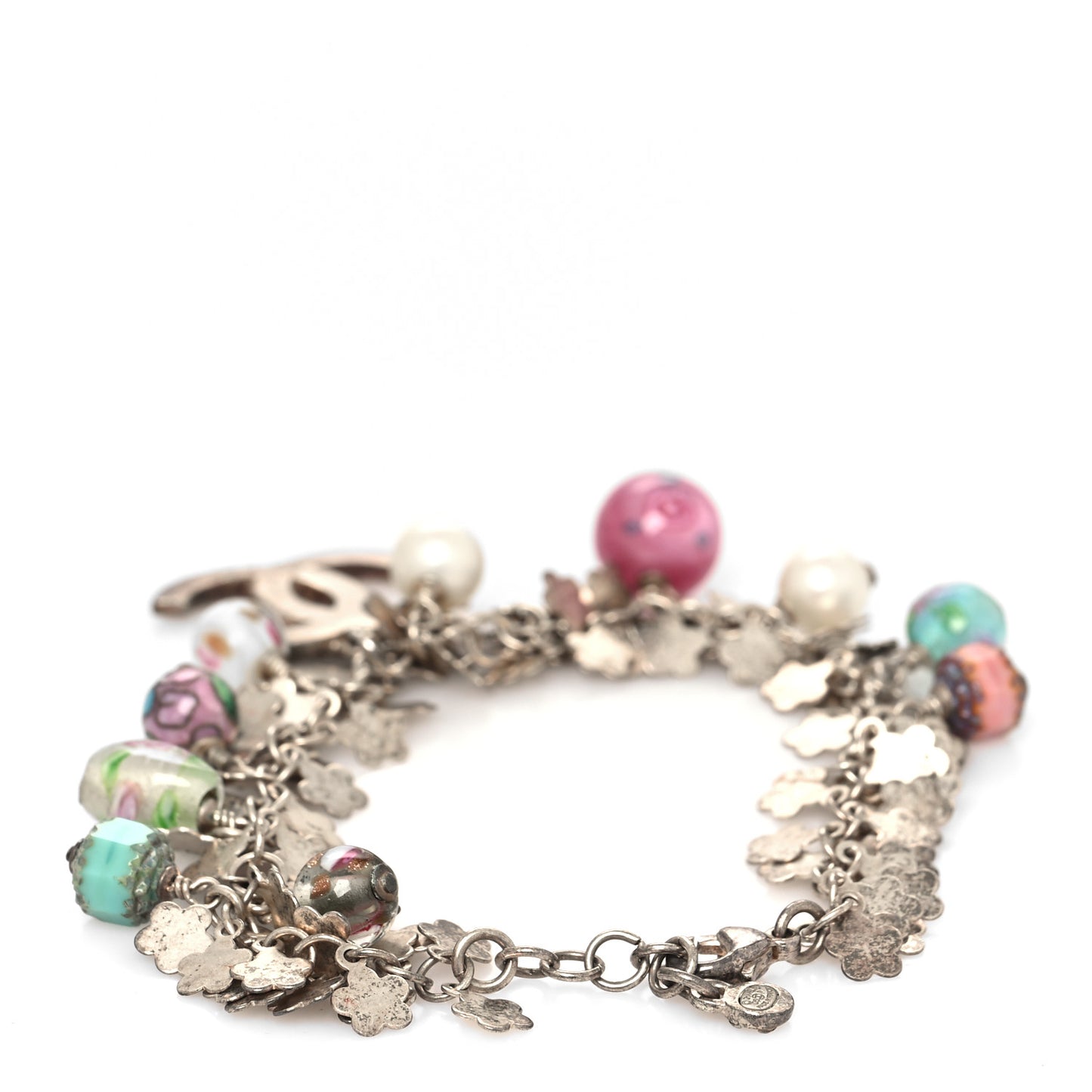 Pearl Glass Beaded CC Charm Bracelet Silver Multicolor