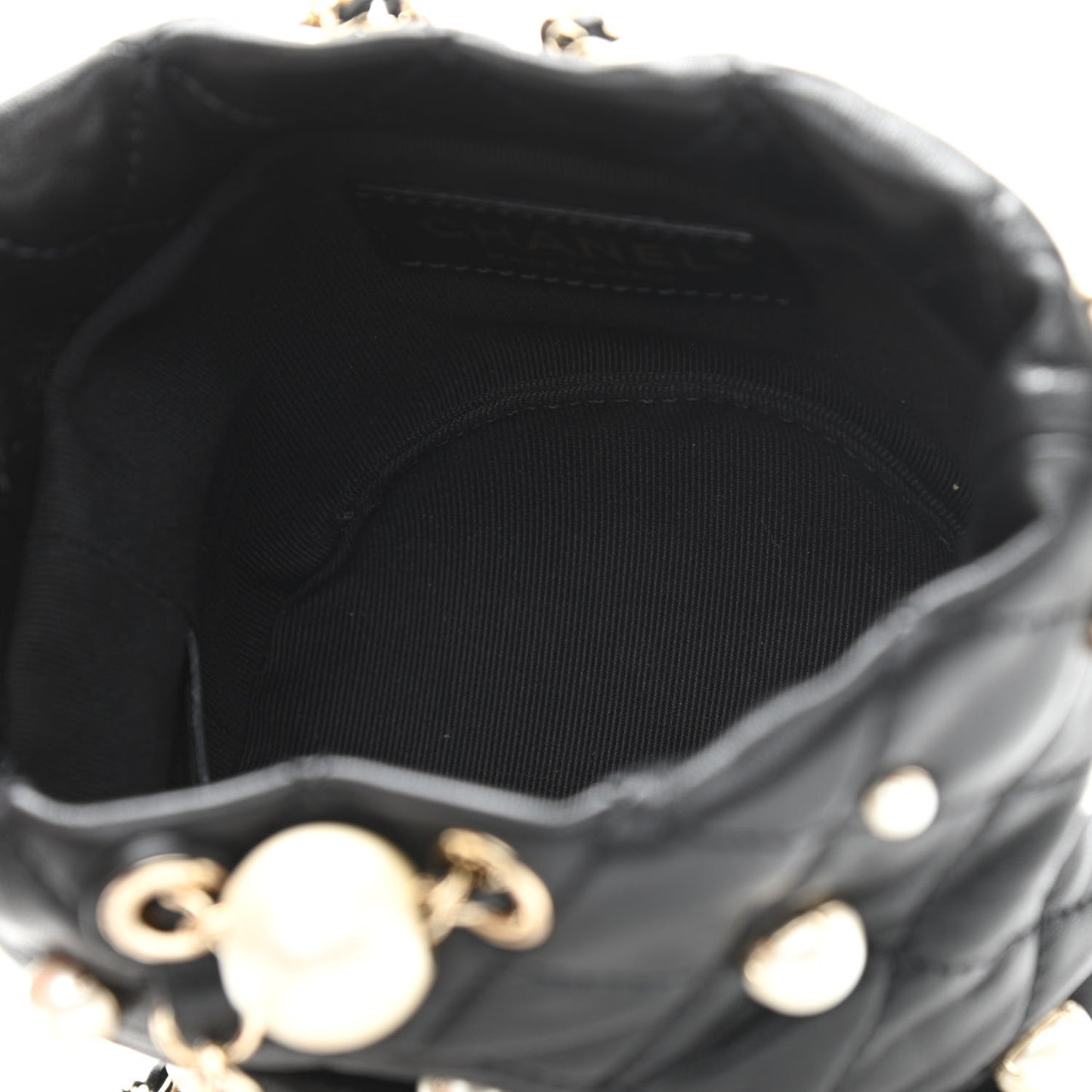 Lambskin Quilted Pearl Mini About Pearls Drawstring Bag Black