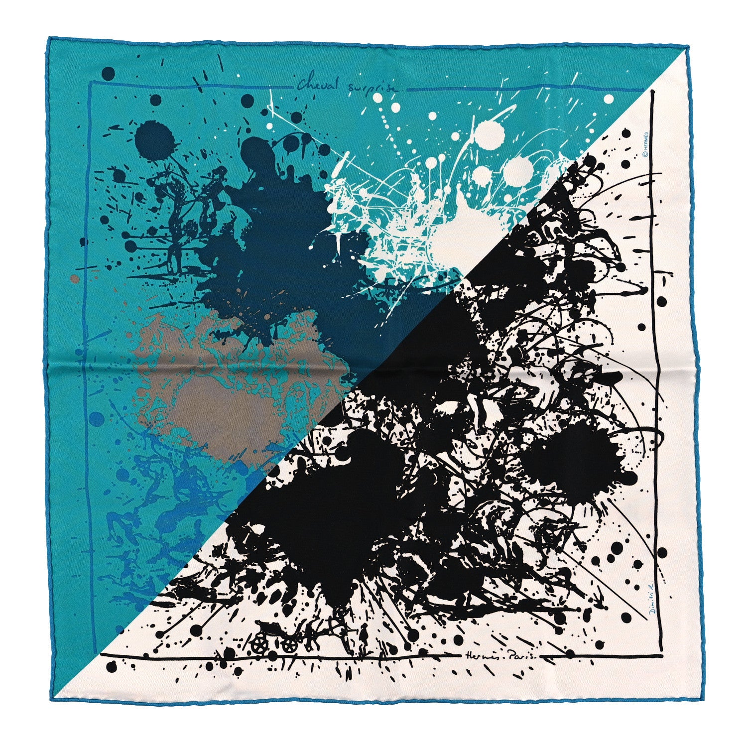 Hermes Silk Cheval Surprise Remix Scarf 90 Turquoise White Black 1 of 3