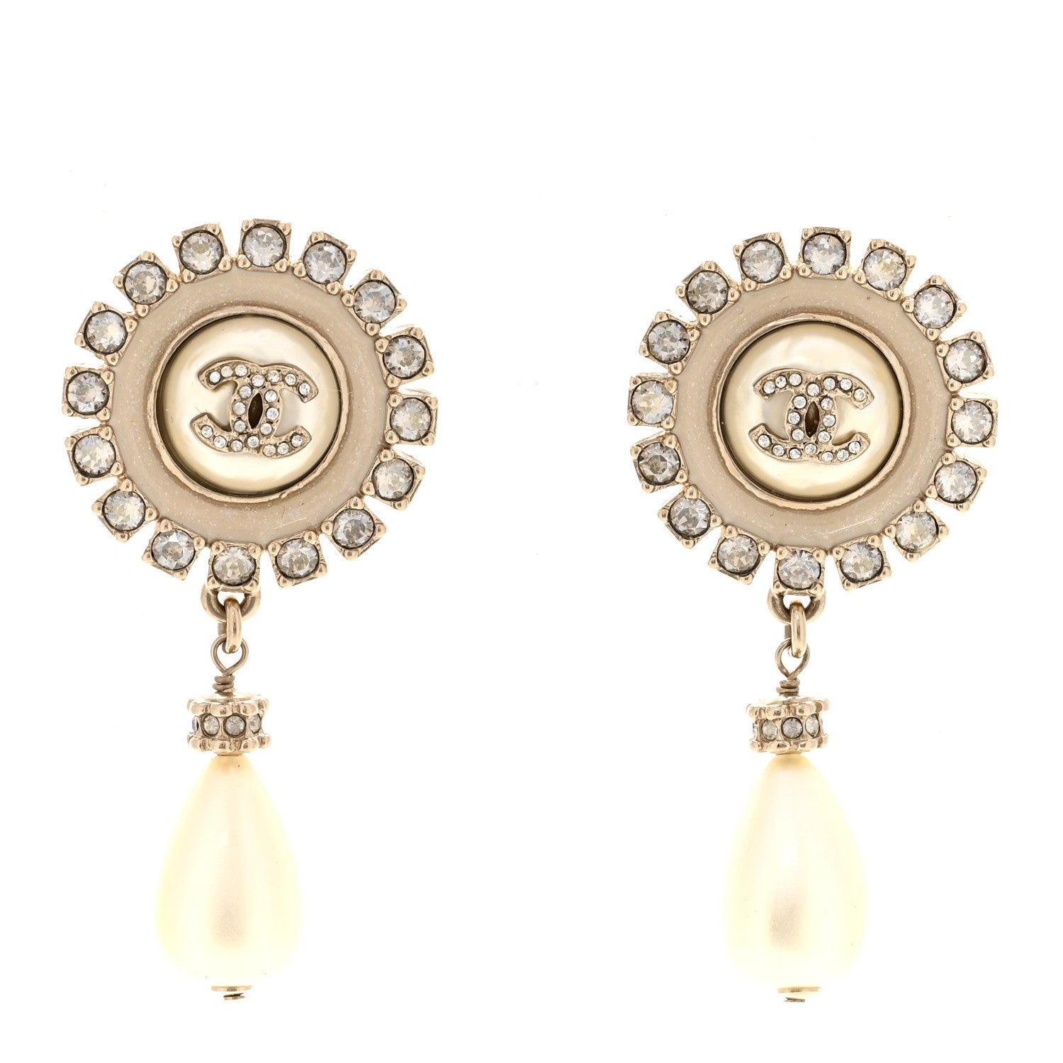 Chanel Crystal Pearl Enamel CC Drop Earrings Gold White 1 of 5
