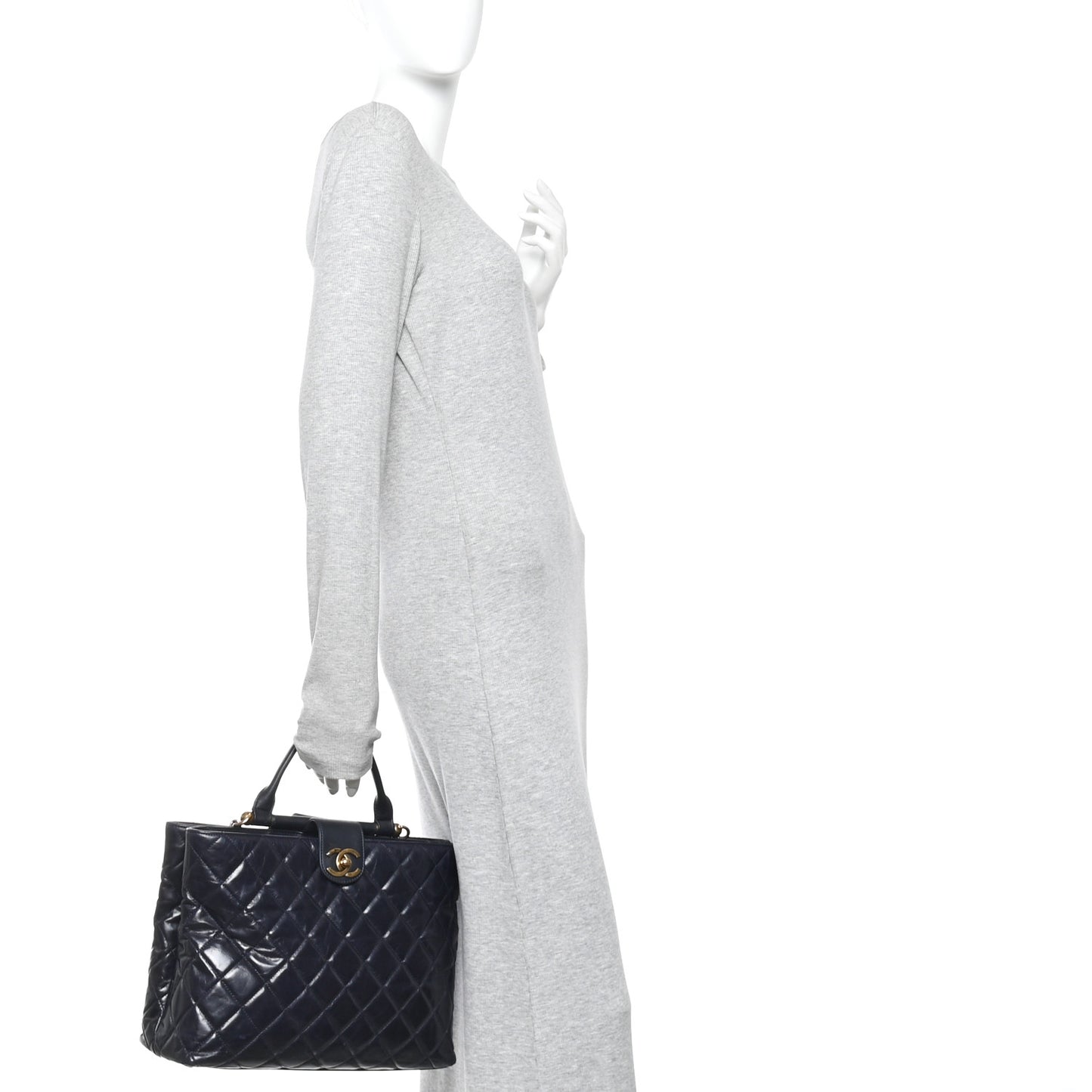 Glazed Calfskin Quilted Gold Bar Tote Dark Navy Blue