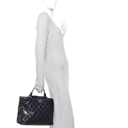 Chanel Glazed Calfskin Quilted Gold Bar Tote Dark Navy Blue 2 of 10