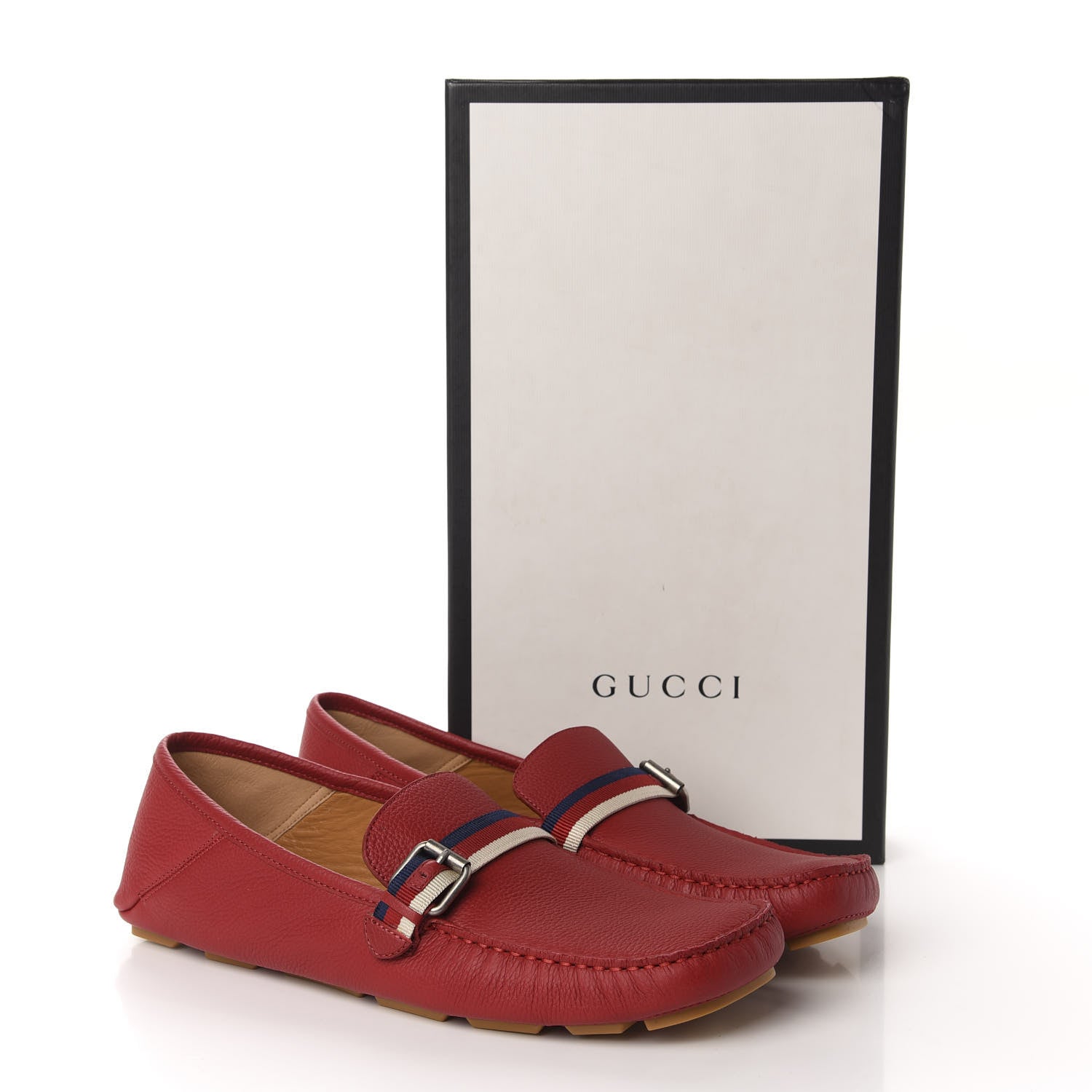 Gucci Calfskin Mens Web Sylvie Web Buckle Driver Loafers 10 Red 10 of 10