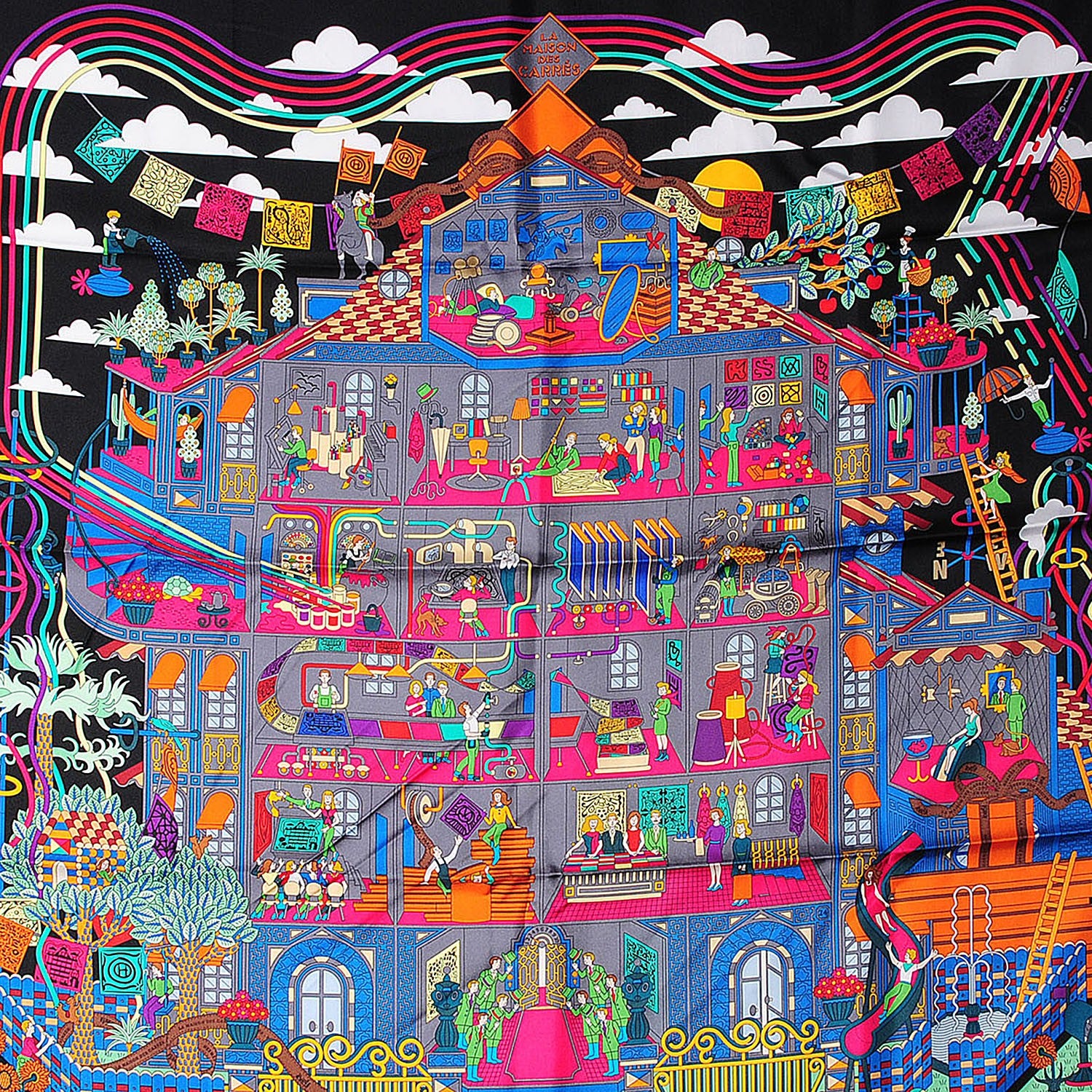 Hermes Silk La Maizeon Des Carres Scarf 90 Noir Gris Multicolor 1 of 6