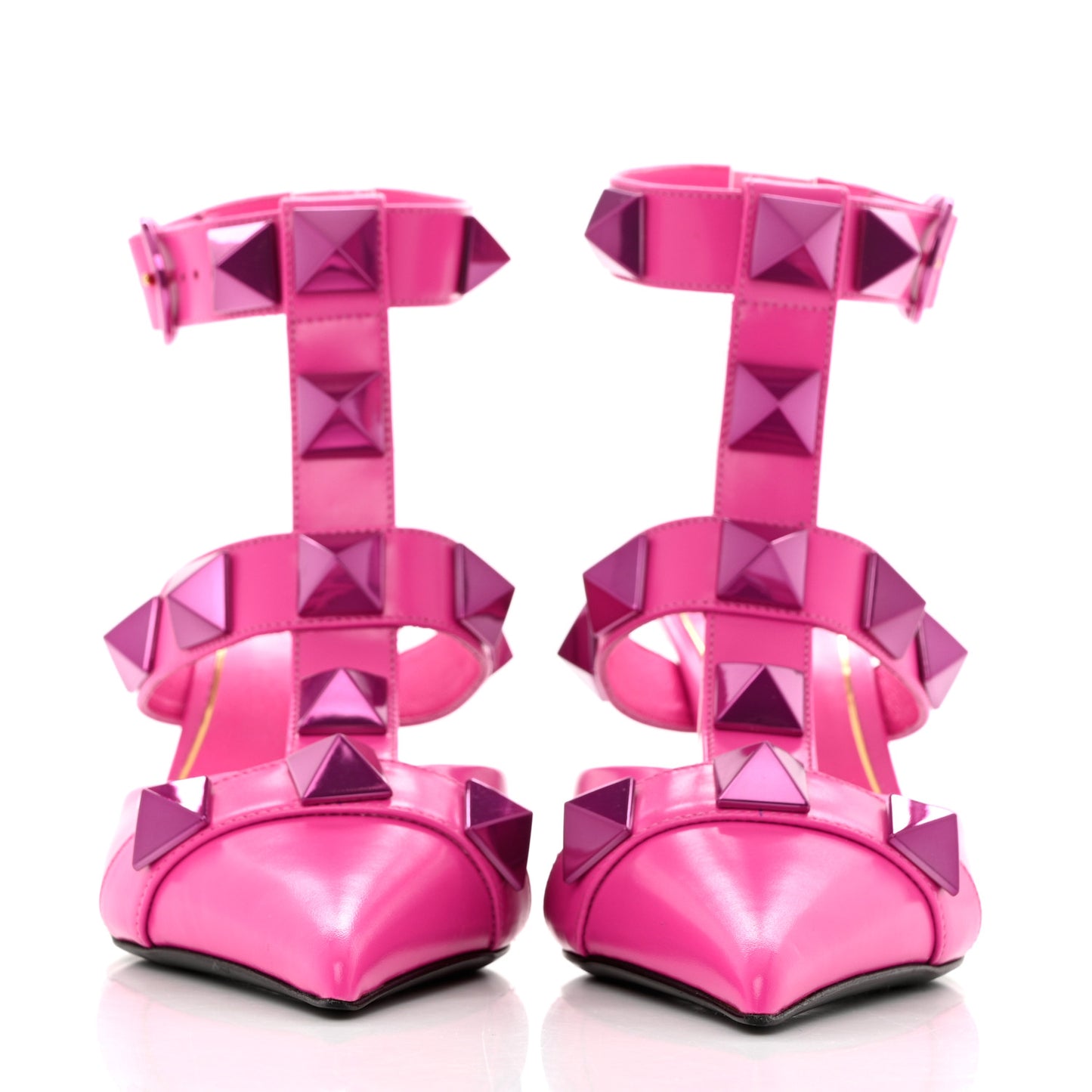 Calfskin Lacquer Monochrome Roman Stud Ankle Strap 80mm Pumps 37 Pink PP