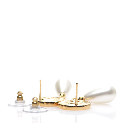 Chanel Metal Pearl Paris Button Drop Earrings Gold 3 of 4