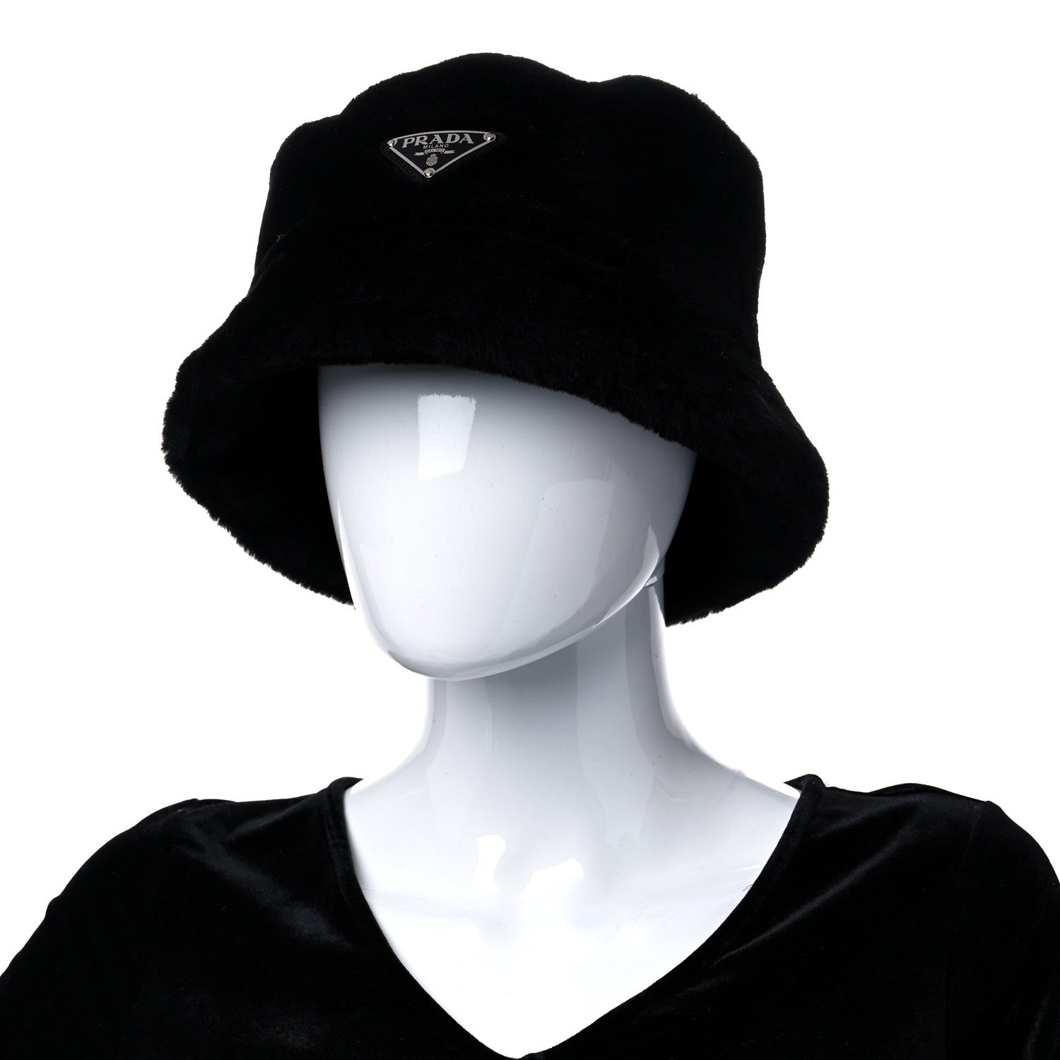 Prada Shearling Metal Triangle Logo Womens Bucket Hat M Black 2 of 9