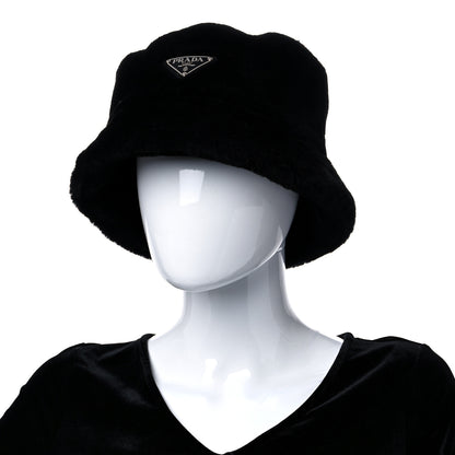 Prada Shearling Metal Triangle Logo Womens Bucket Hat M Black 2 of 9