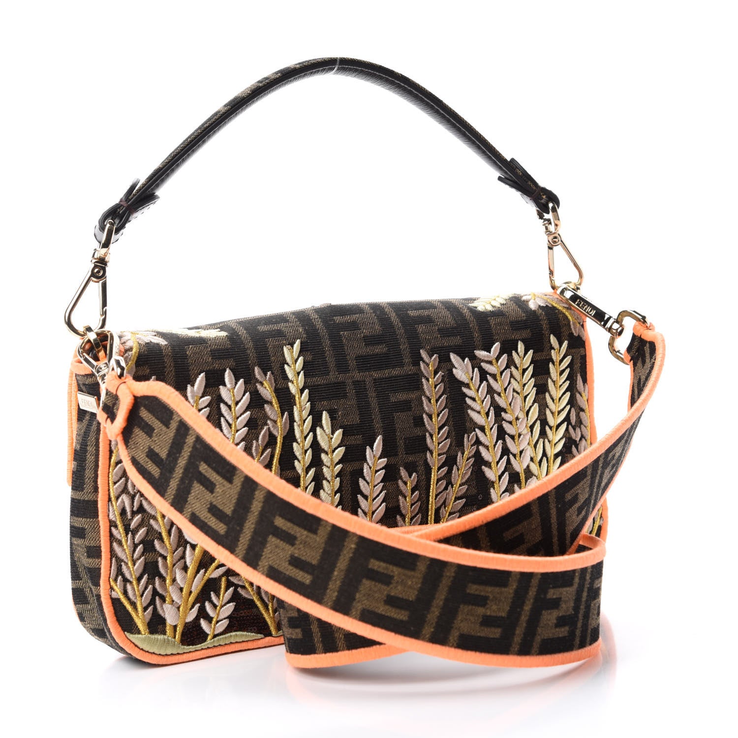 Fendi Fabric Jacquard FF 1974 Plant Embroidered Baguette Tobacco Moro Orange 3 of 10