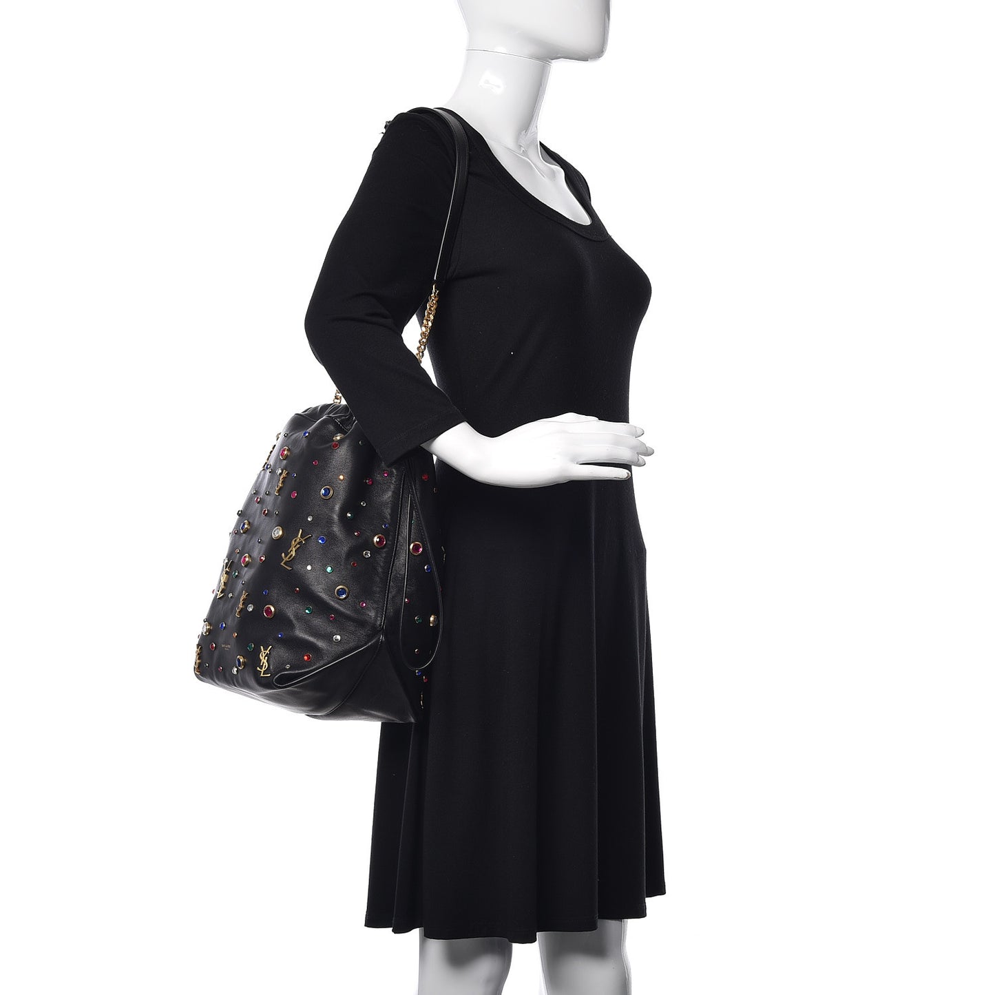 Lambskin Charm Studded Teddy Drawstring Bag Black