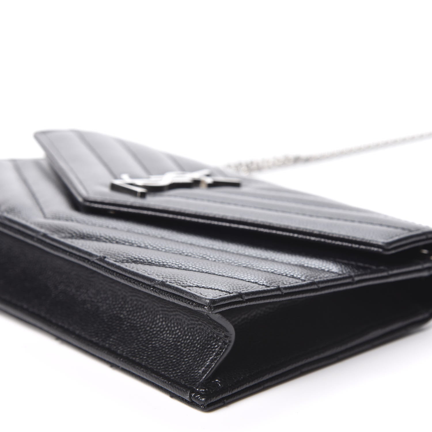 Saint Laurent Grain De Poudre Matelasse Chevron Monogram Envelope Chain Wallet Black 6 of 9