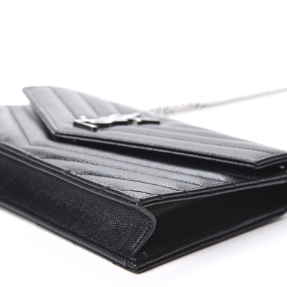Saint Laurent Grain De Poudre Matelasse Chevron Monogram Envelope Chain Wallet Black 6 of 9