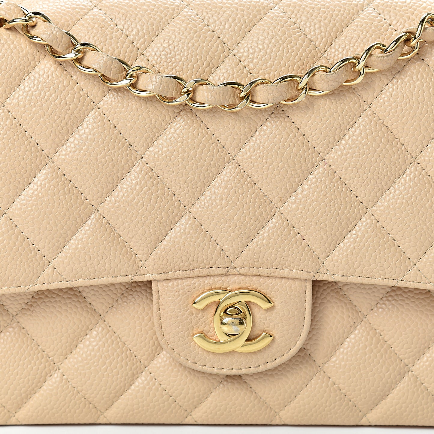 Caviar Quilted Medium Double Flap Beige
