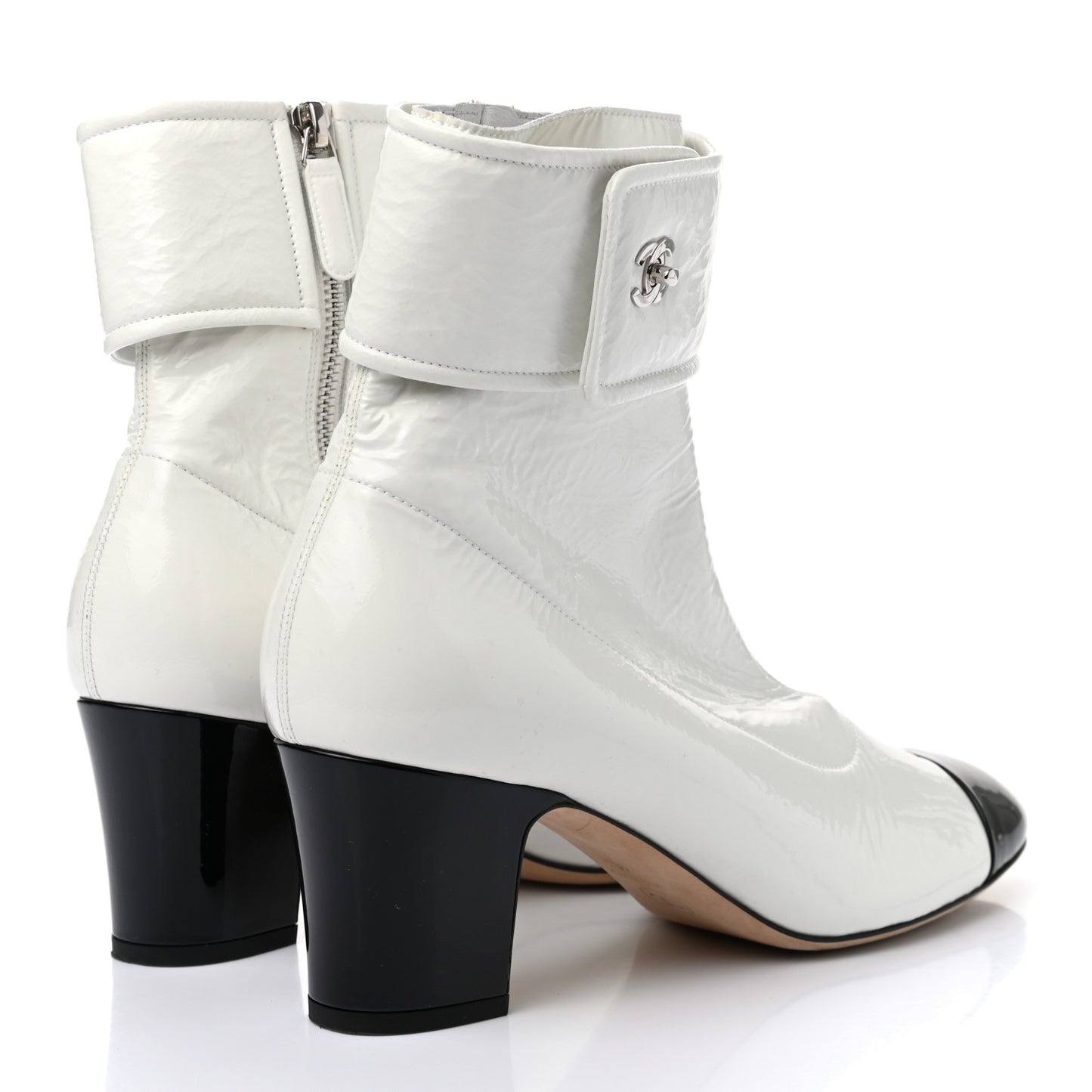 Distressed Patent Cap Toe CC Turnlock Ankle Boots 40.5 White Black