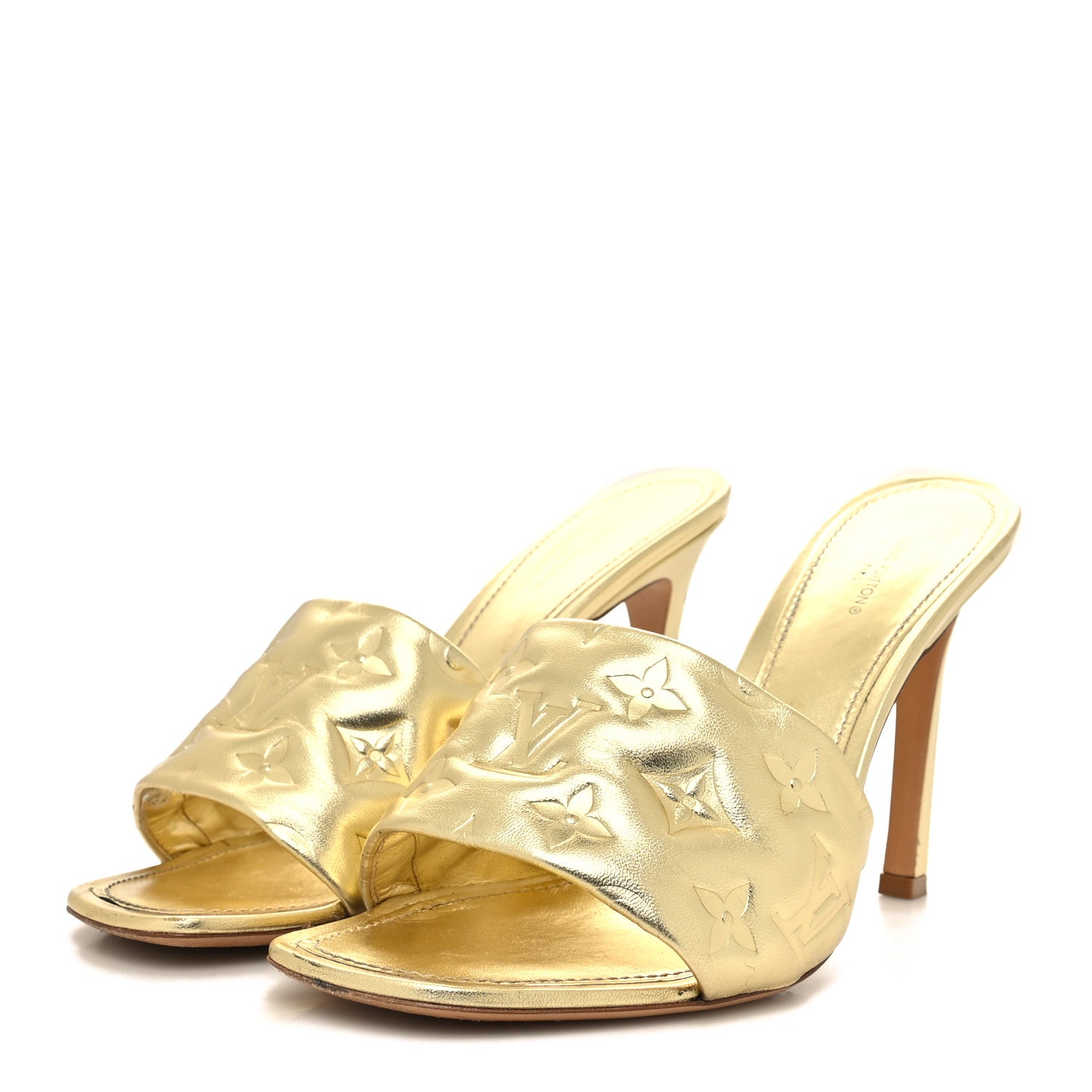 Louis Vuitton Metallic Lambskin Embossed Monogram Revival High Heel Mules 42 Gold 3 of 10