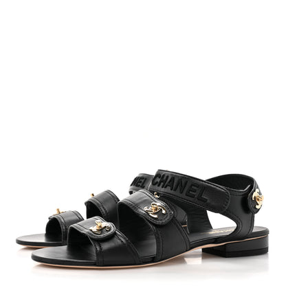 Chanel Lambskin Logo CC Turnlock Sandals 37 Black 3 of 9