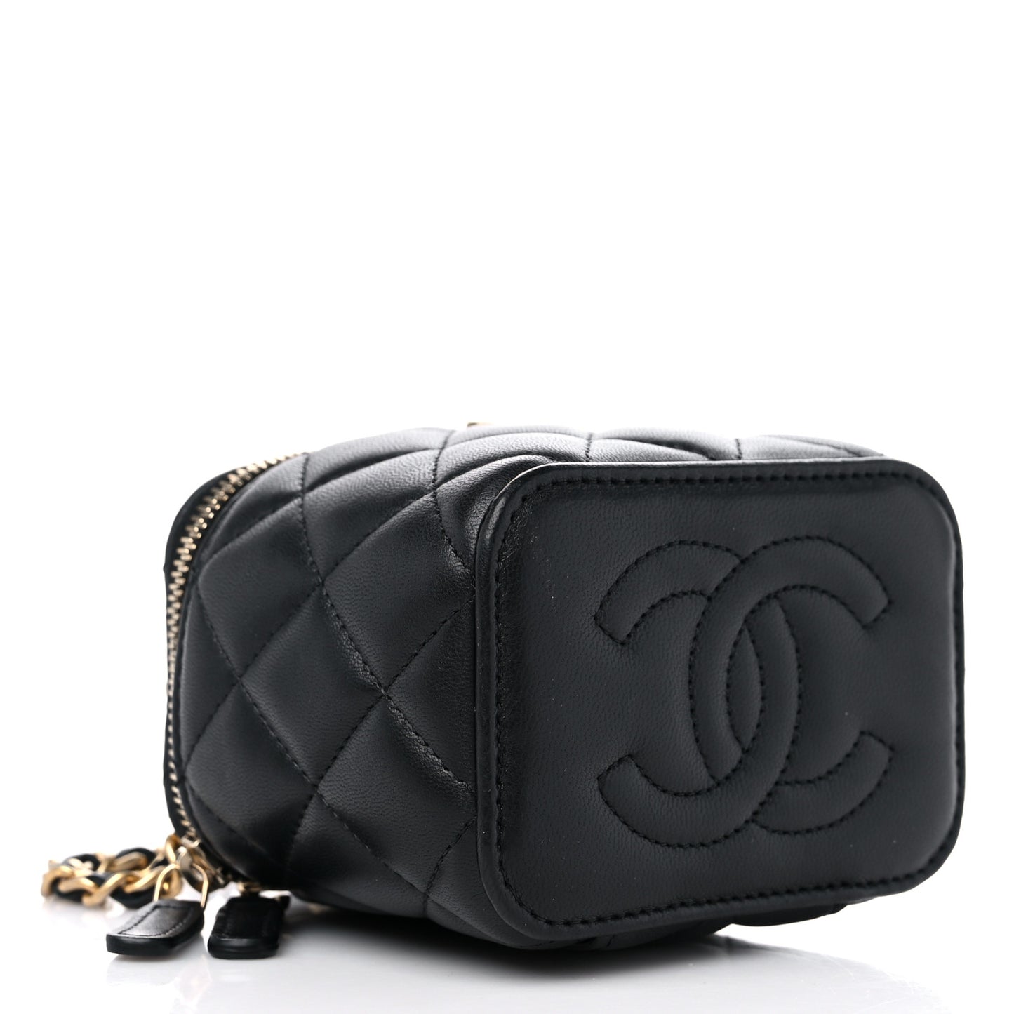 Lambskin Quilted Metal Mini Top Handle Vanity Case With Chain Black