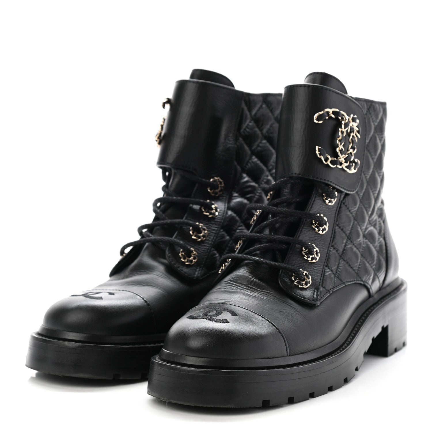 Chanel Shiny Goatskin Calfskin Quilted Lace Up Combat Boots 38 Black 3 of 14