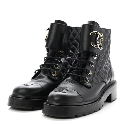 Chanel Shiny Goatskin Calfskin Quilted Lace Up Combat Boots 38 Black 3 of 14