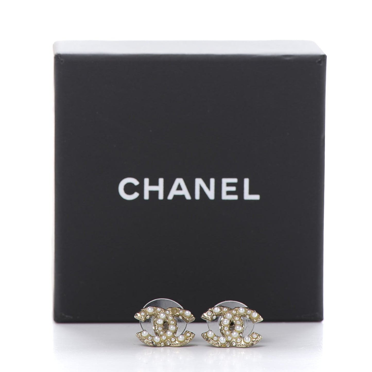 Pearl Crystal CC Stud Earrings Gold
