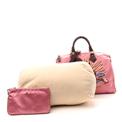 Louis Vuitton Satin Monogram Paris Tokyo Embroidered Speedy P9 Bandouliere 40 Dark Pink 2 of 9