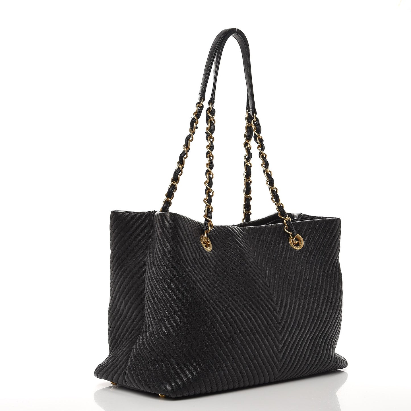 Wrinkled Lambskin Chevron Quilted Large Surpique Tote Black