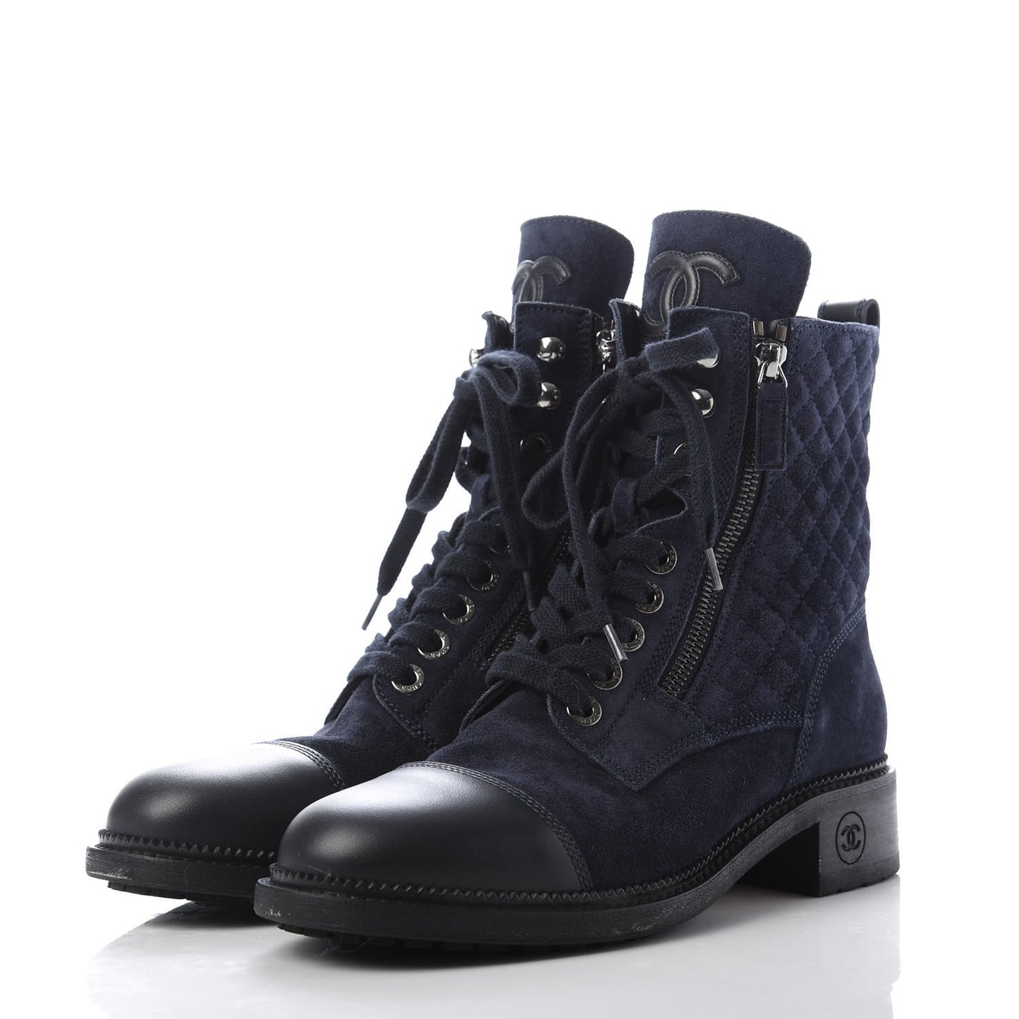 Suede Quilted CC Lace Up Combat Boots 39.5 Navy Black
