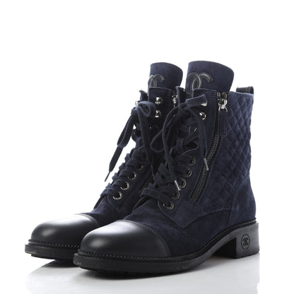 Chanel Suede Quilted CC Lace Up Combat Boots 39.5 Navy Black 3 of 9