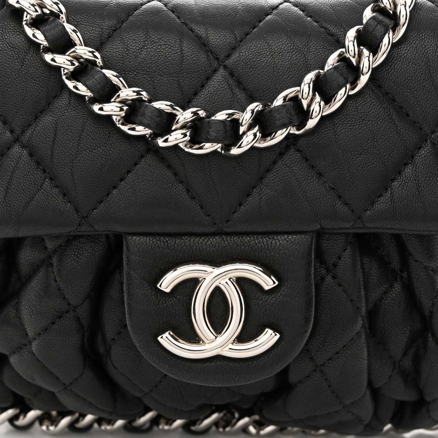 Washed Lambskin Quilted Mini Chain Around Flap Black