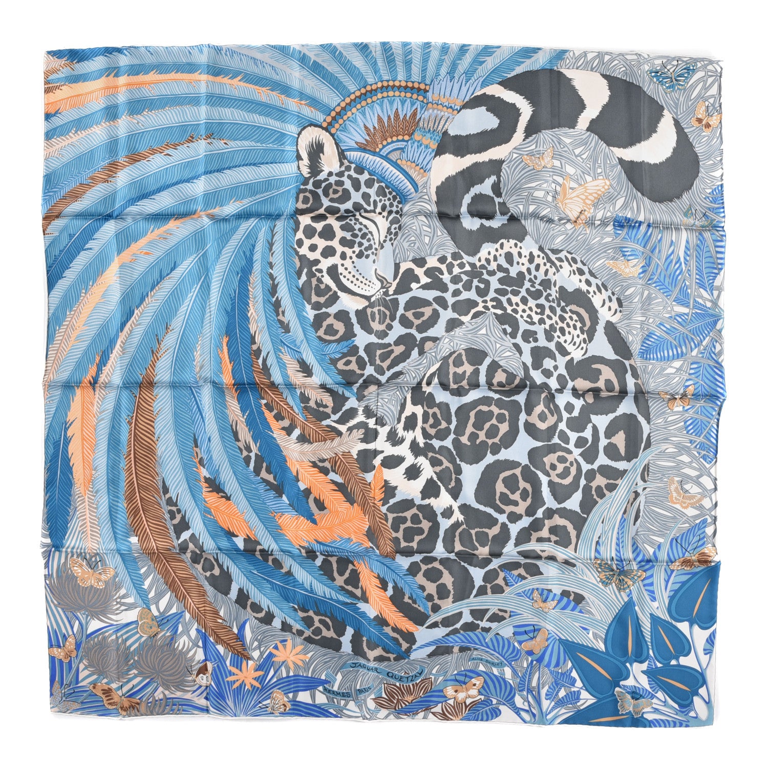 Hermes Silk Jaguar Quetzal Scarf 90 Bleu Gris Camel 1 of 5