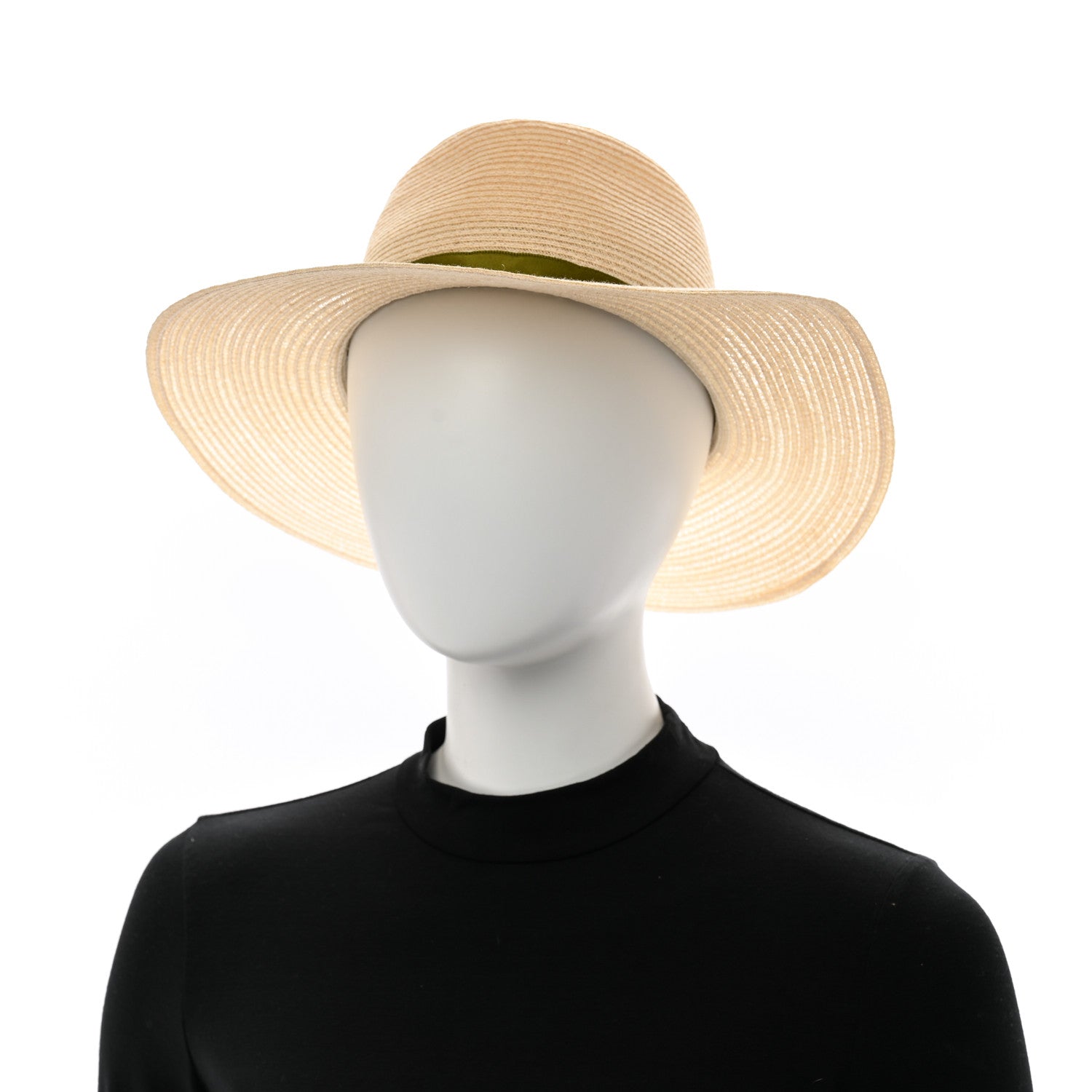 Chanel Straw Grosgrain Ribbon Wide Brim Hat M Beige Green 2 of 9
