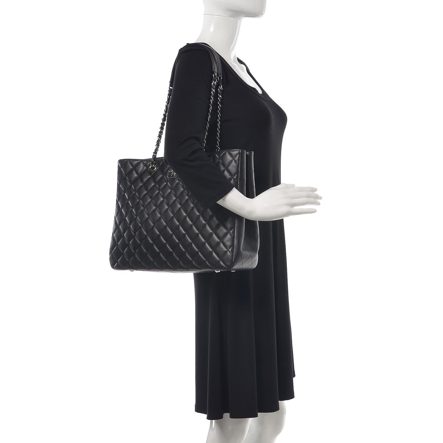 Calfskin Quilted Large CC Shopping Tote Black