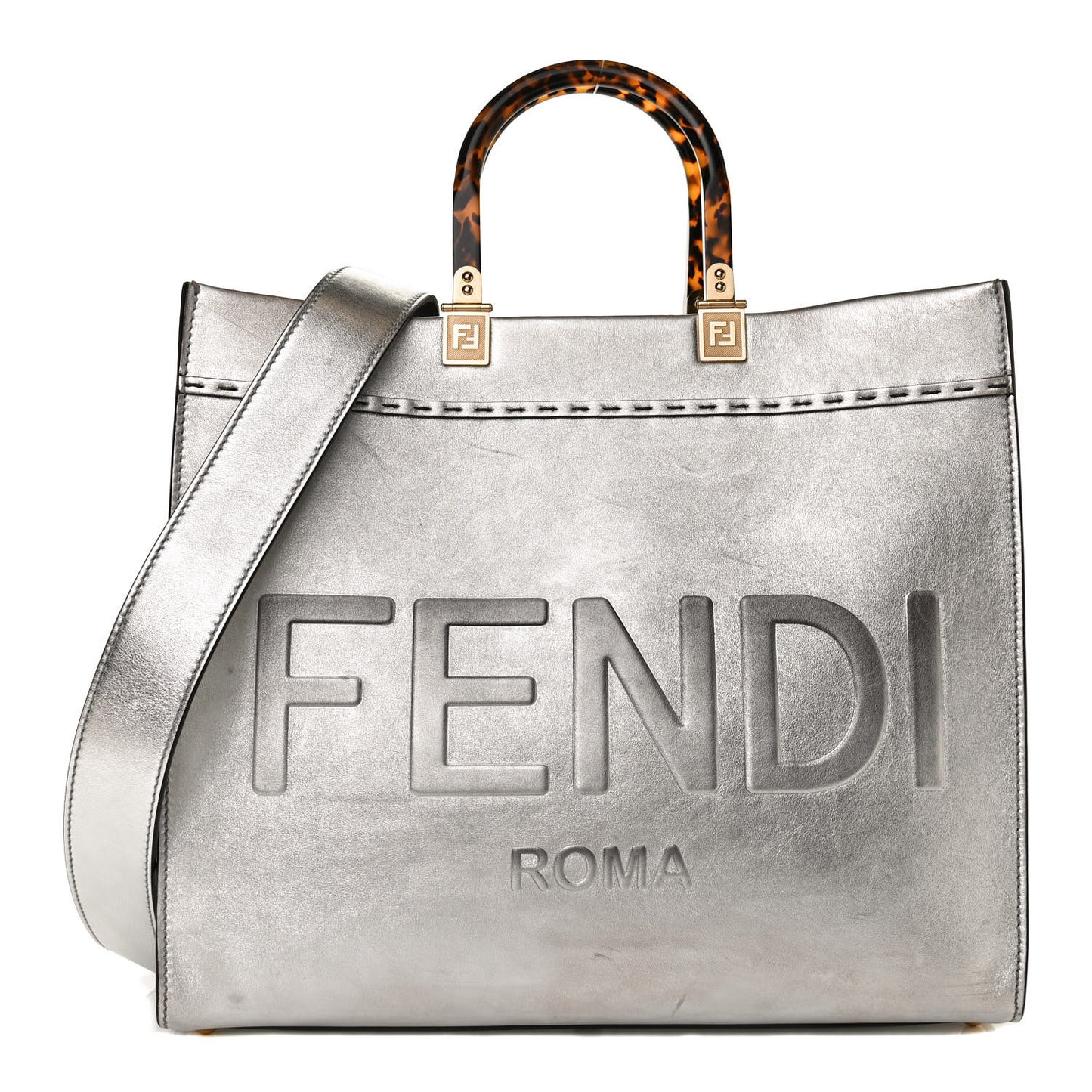 Vitello Catalan Mirror Plexiglass Logo Embossed Medium Fendi Sunshine Shopper Tote Argento