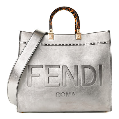 Fendi Vitello Catalan Mirror Plexiglass Logo Embossed Medium Fendi Sunshine Shopper Tote Argento 1 of 13