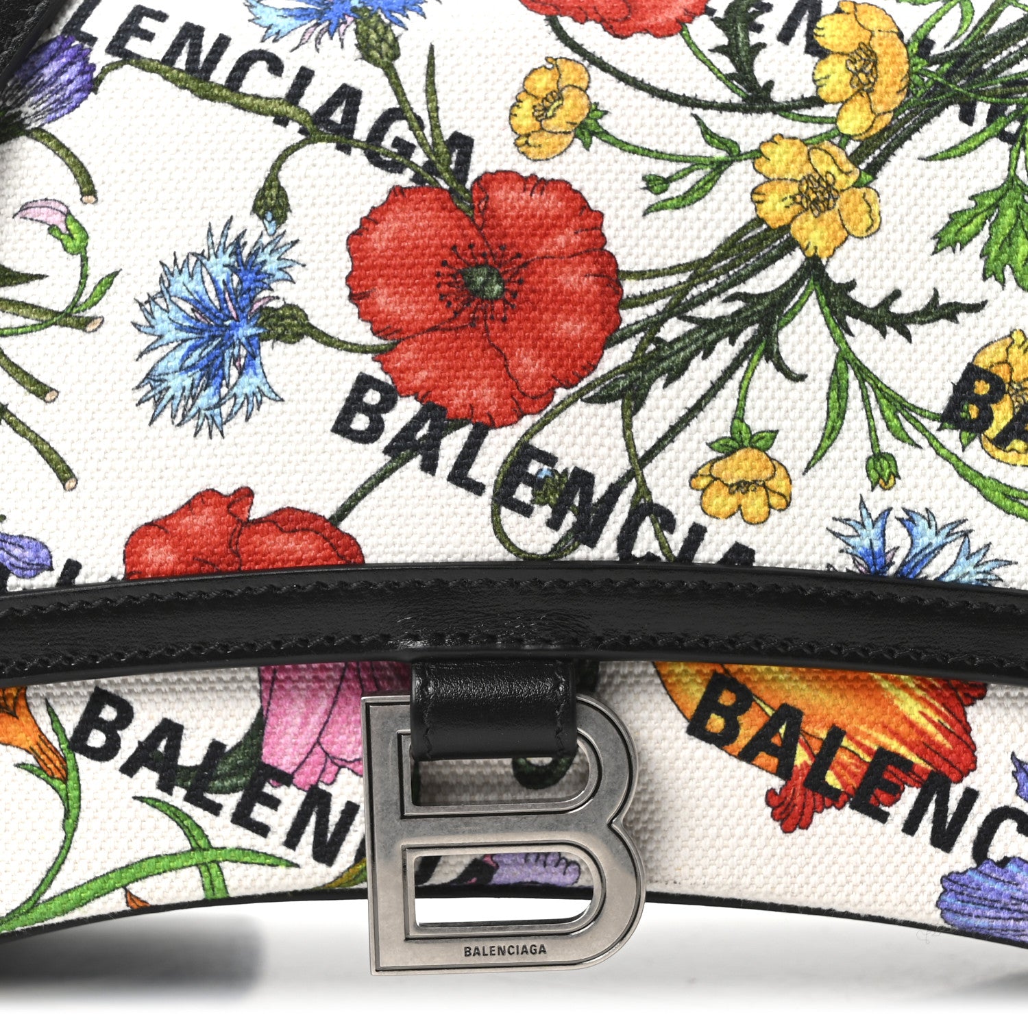 Balenciaga X GUCCI Canvas Boarded Plutone Calfskin Flora Logo Print Small Hourglass Top Handle Bag White Multicolor Black 7 of 9