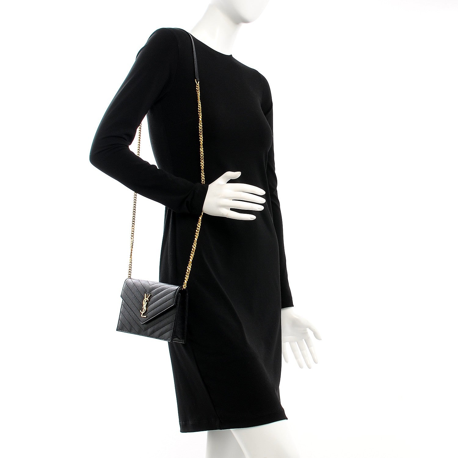 Saint Laurent Grain De Poudre Matelasse Chevron Monogram Envelope Chain Wallet Black 2 of 8
