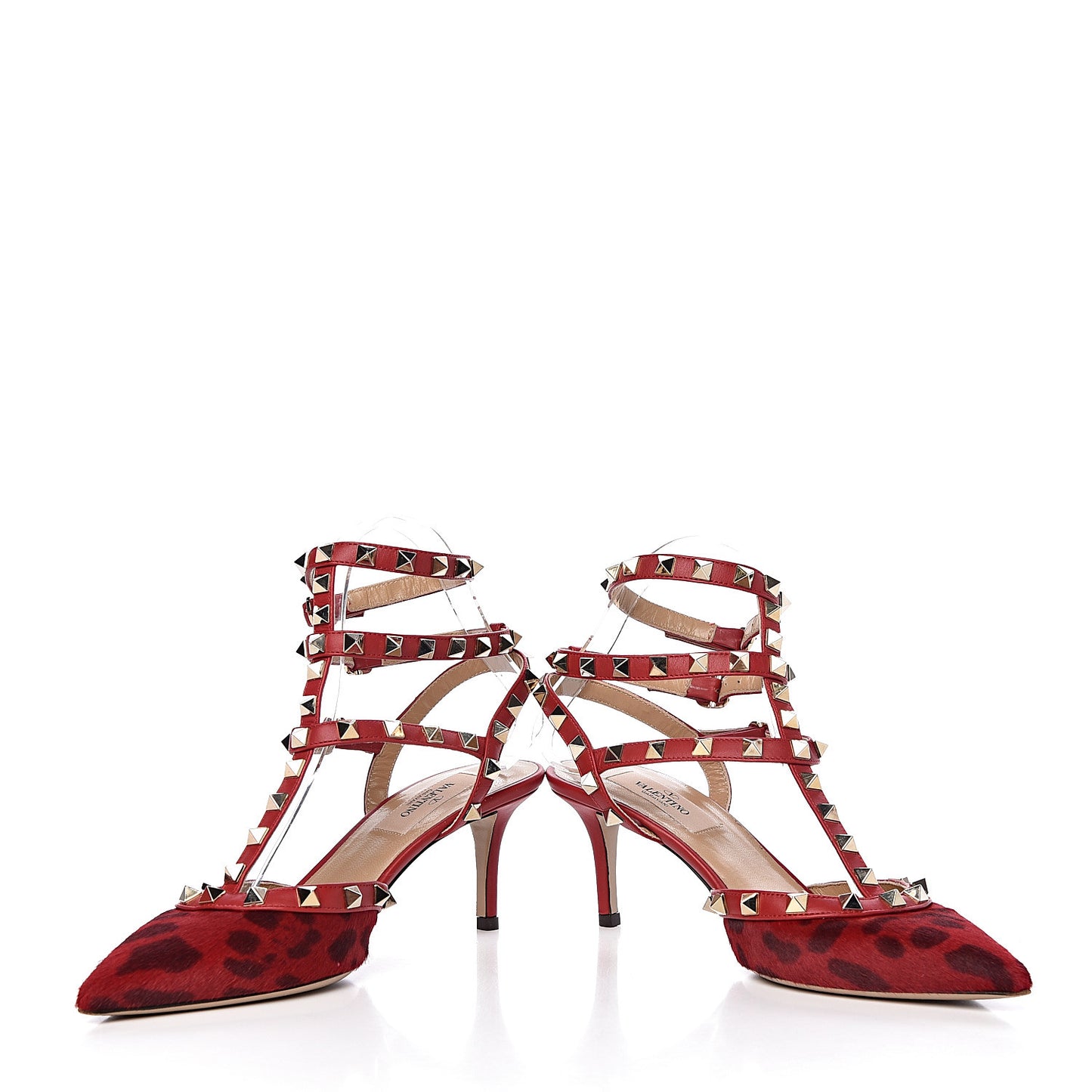 Calf Hair Leopard Print Rockstud Ankle Strap 65mm Pumps 37 Rosso Valentino