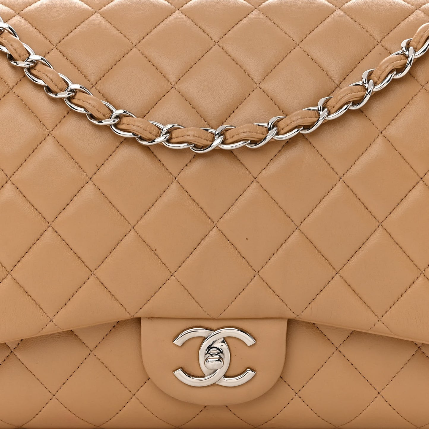 Lambskin Quilted Maxi Double Flap Beige