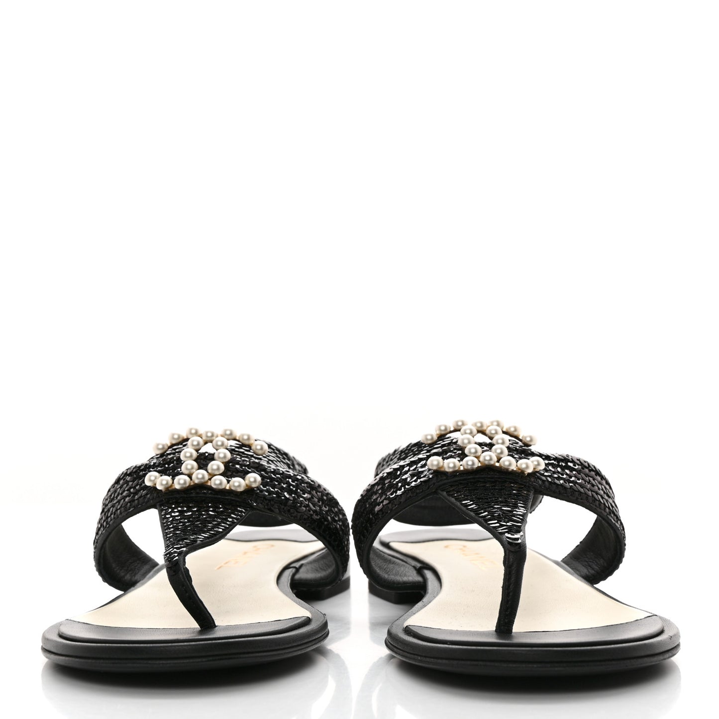 Lambskin Sequin Pearl CC Thong Sandals 41 Black