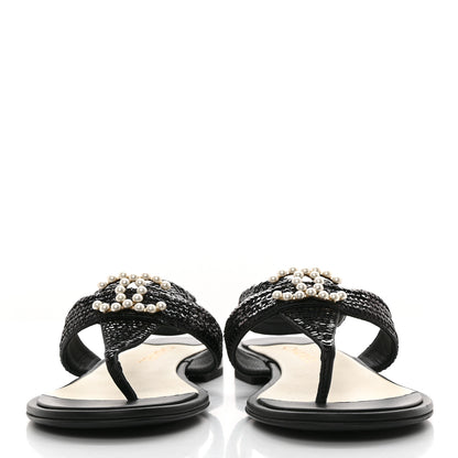 Chanel Lambskin Sequin Pearl CC Thong Sandals 41 Black 2 of 8