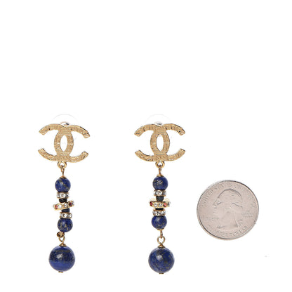 Chanel Crystal Beaded Nefertiti CC Long Drop Earrings Gold Yellow Blue 2 of 5