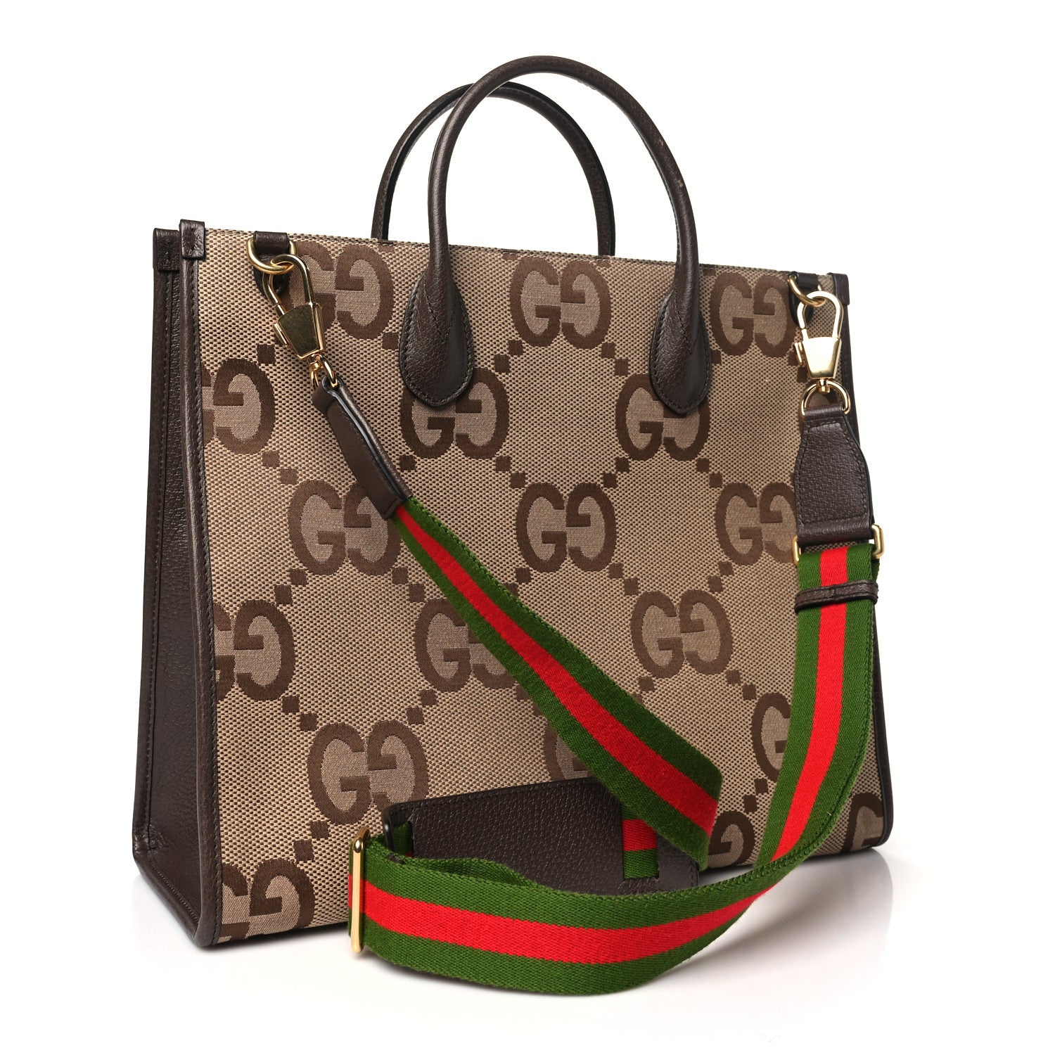 Gucci Monogram Jumbo GG Textured Dollar Calfskin Web Tote Bag Camel Ebony New Acero 3 of 11